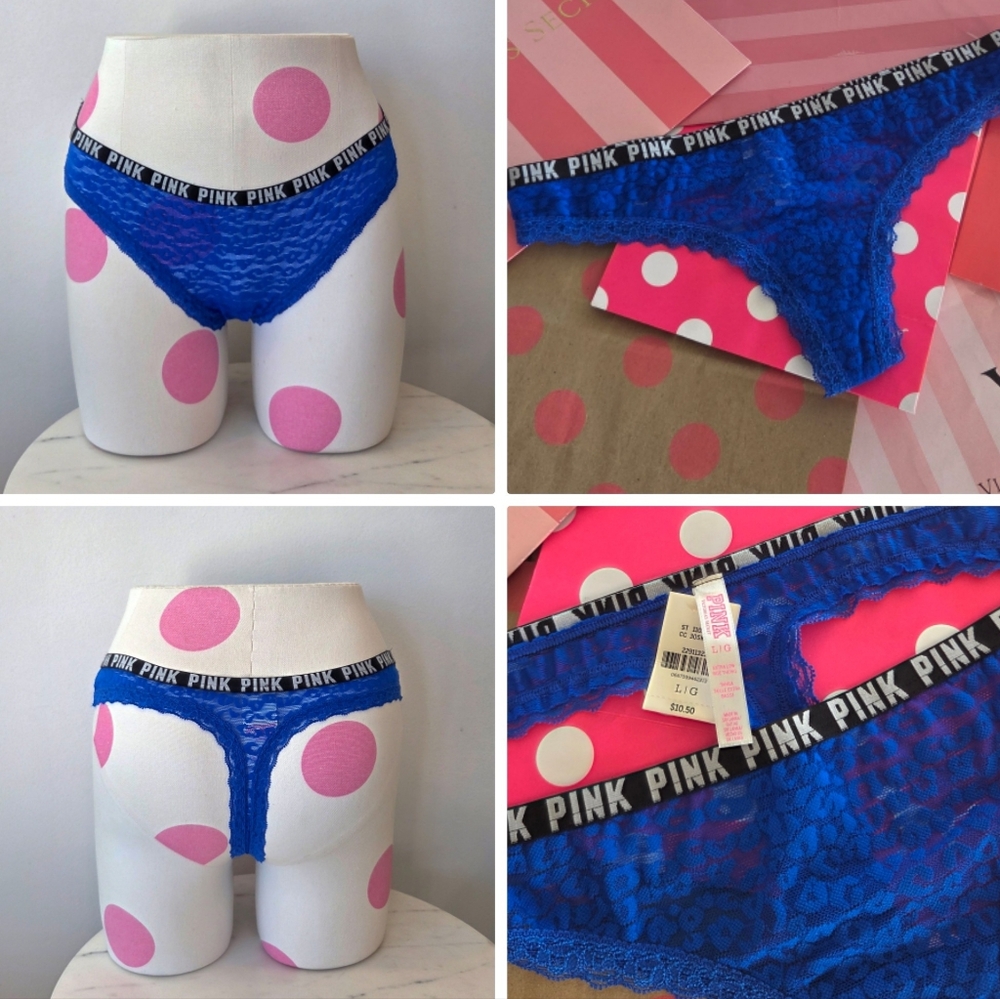 Victoria's Secret PINK VTG Royal Blue Lace Extra Low Rise Thong Panty NWT Logo